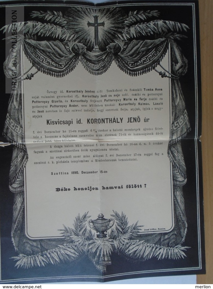 ZA104.13  Szotinafalva Szottina  Sotin -   Szenicz -  Senica Senitz - 1890 - Obituary -Kisvicsapi Id. Koronthály Jenő - Altri & Non Classificati