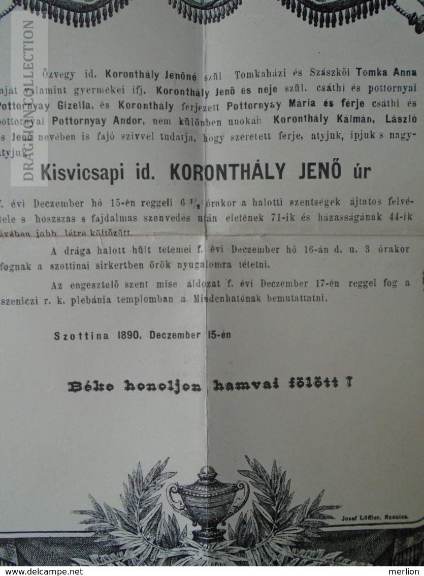 ZA104.13  Szotinafalva Szottina  Sotin -   Szenicz -  Senica Senitz - 1890 - Obituary -Kisvicsapi Id. Koronthály Jenő - Autres & Non Classés