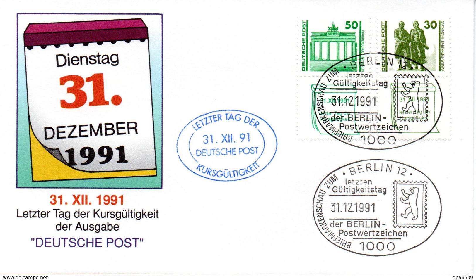 (BT1) BRD Sonderumschlag "Letzter Tag Der Kursgültigkeit" MiF DDR (Deutsche Post) Mi 3345/45, SSt 31.12.1991 BERLIN 12 - Storia Postale