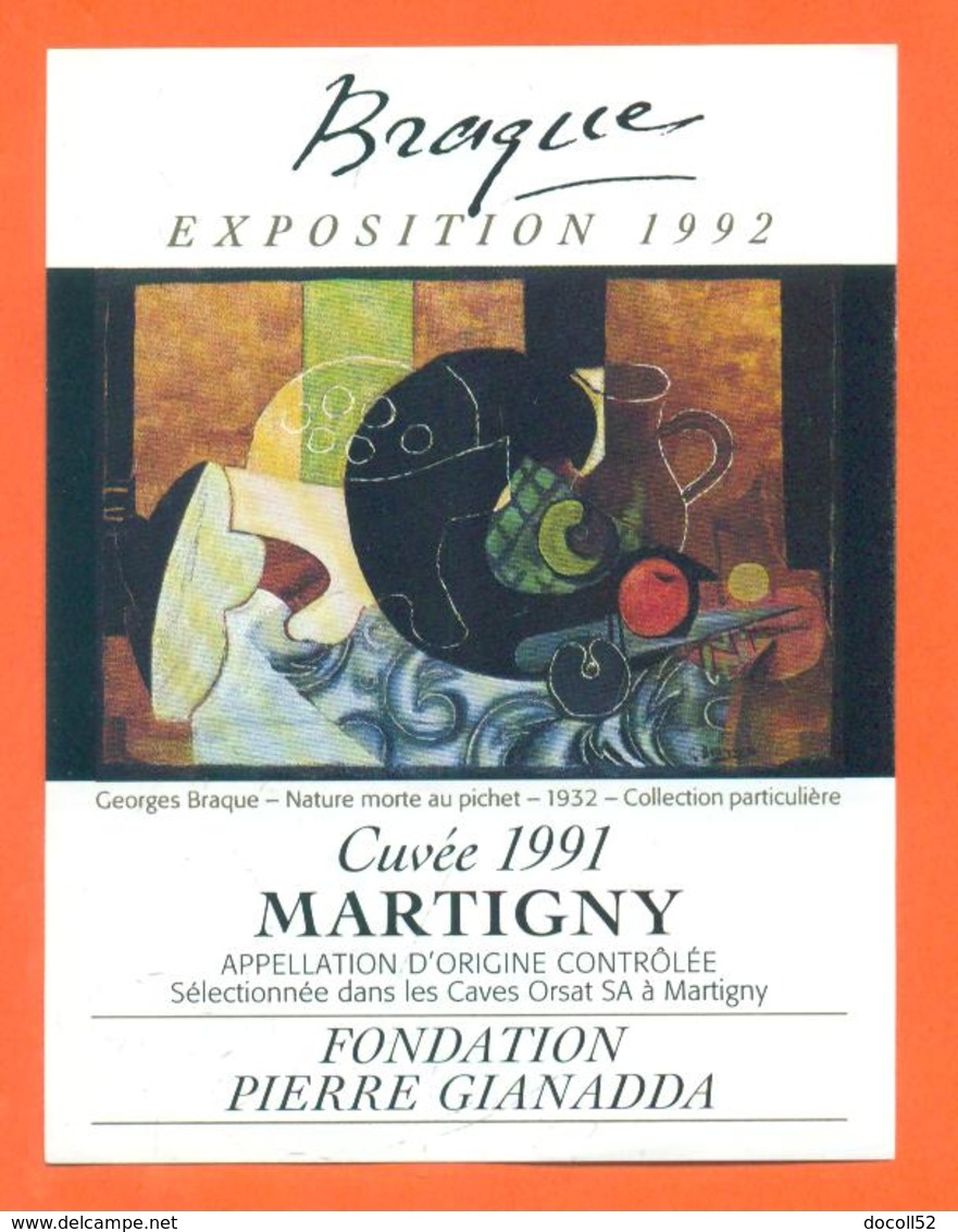 étiquette Vin Suisse Martigny 1991 Exposition Braque 1992 Orsat à Martigny - 75 Cl - Peinture Georges Braque - Arte