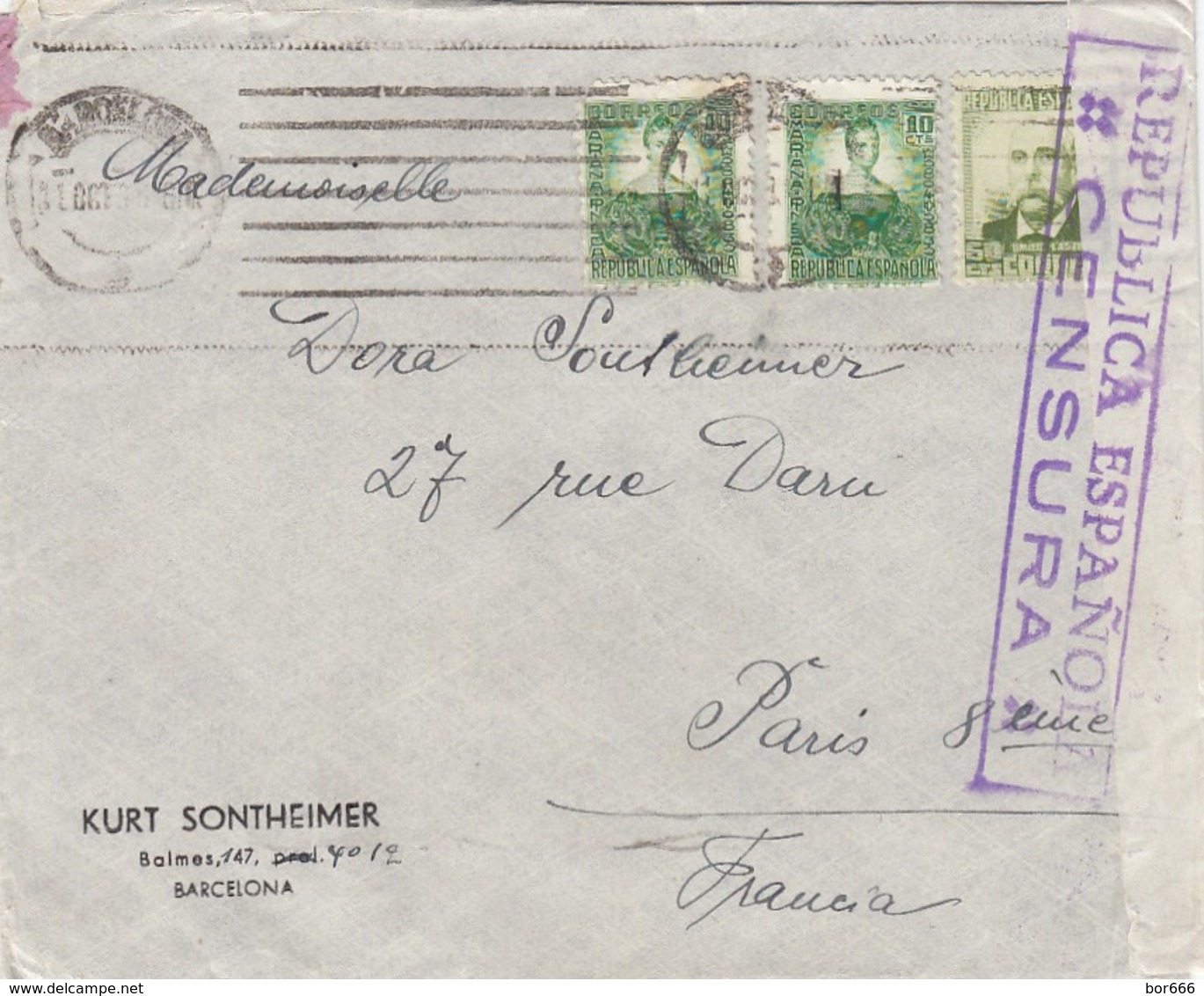 GOOD OLD SPAIN Postal Cover To FRANCE 1936 With CENSOR CANCEL - Covers & Documents