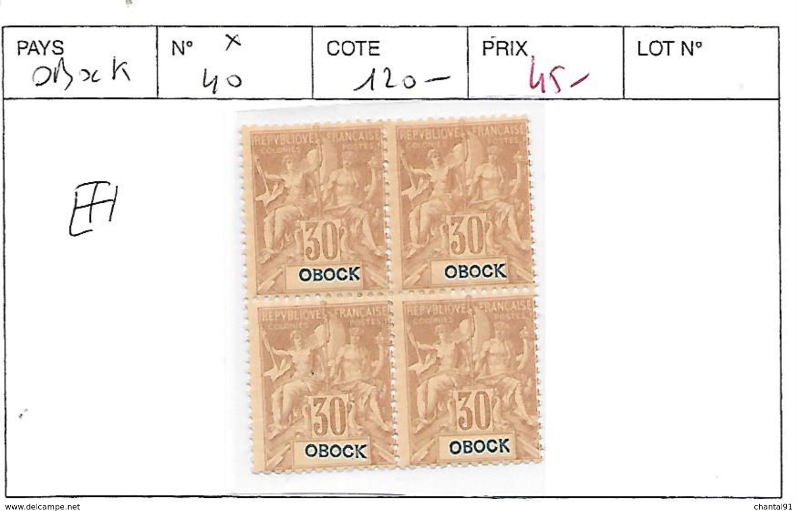 OBOCK N° 40 * BLOC DE 4 - Unused Stamps