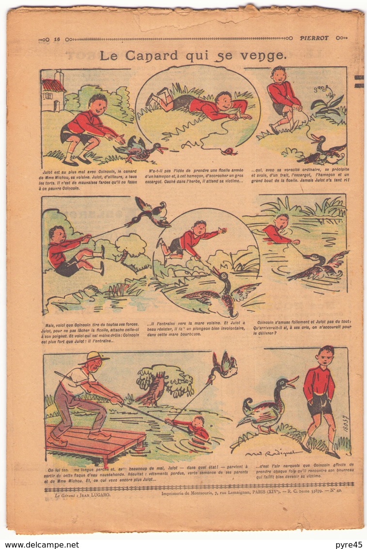 HEBDOMADAIRE PIERROT DU 10 OCTOBRE 1926 N° 42 LE CANARD QUI SE VENGE - Pierrot