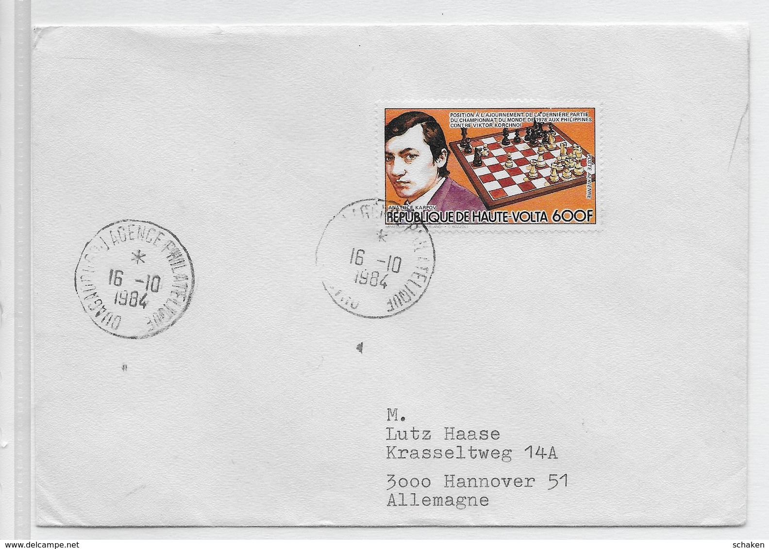 Haute Volta 1984; Chess Schaken;used Cover - Upper Volta (1958-1984)