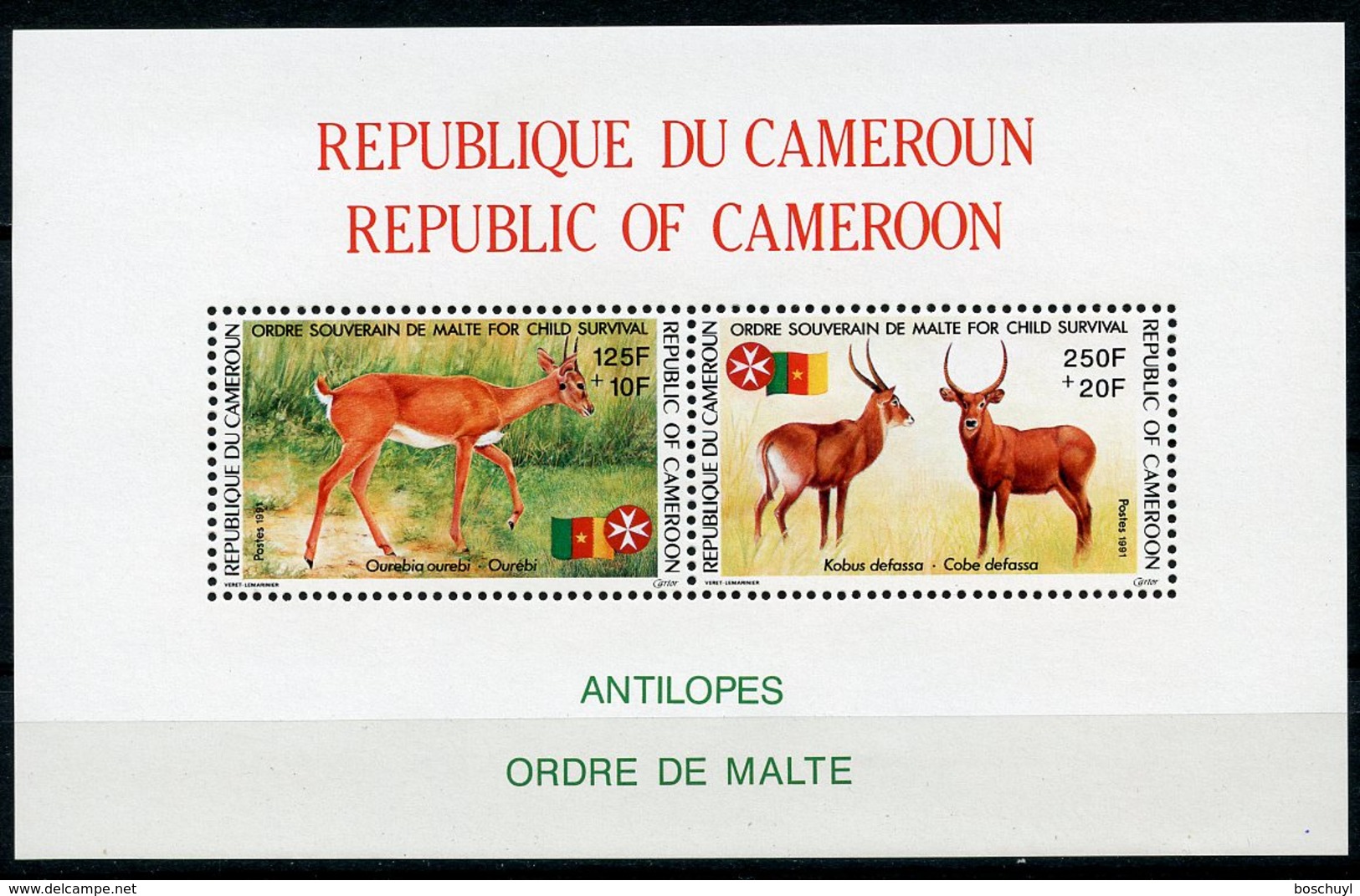 Cameroun, 1991, Antelope, Animals, Fauna, Order Of Malta, MNH, Michel Block 29 - Camerún (1960-...)