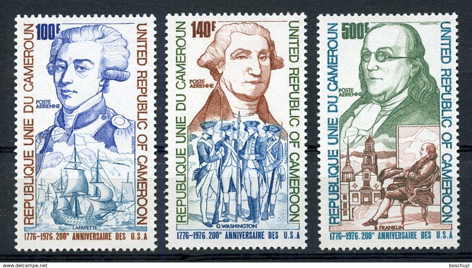 Cameroun, 1975,  USA Bicentennial, Washington, Franklin, Lafayette, Ship, MNH, Michel 809-811 - Kamerun (1960-...)