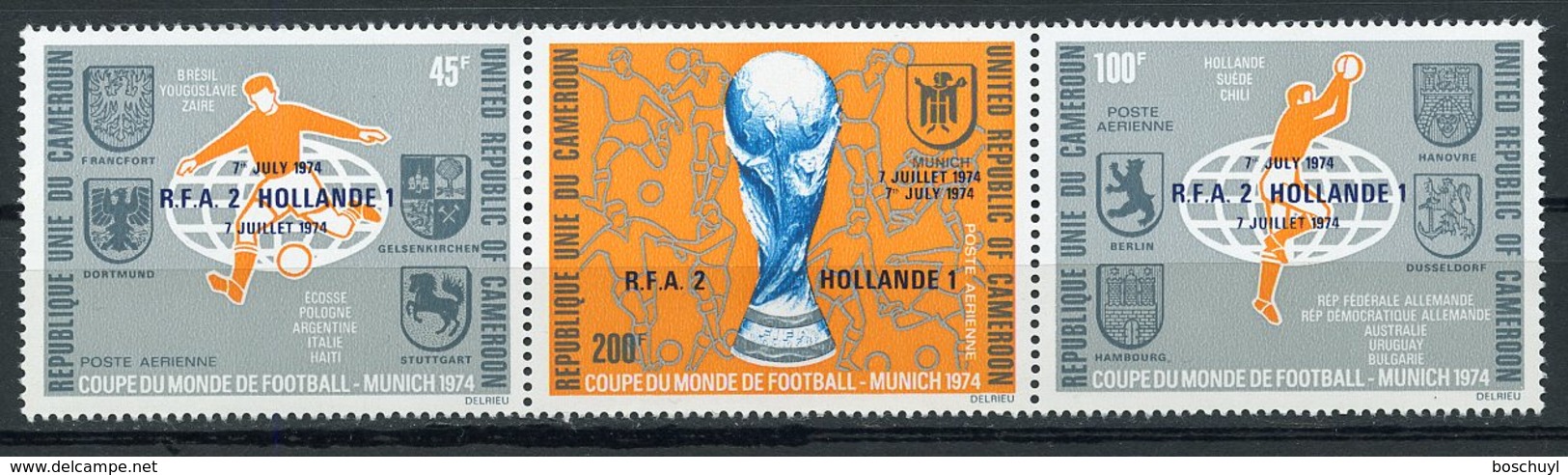 Cameroun, 1974, Soccer World Cup Germany, Football, MNH Overprinted Strip, Michel 777-779 - Camerun (1960-...)