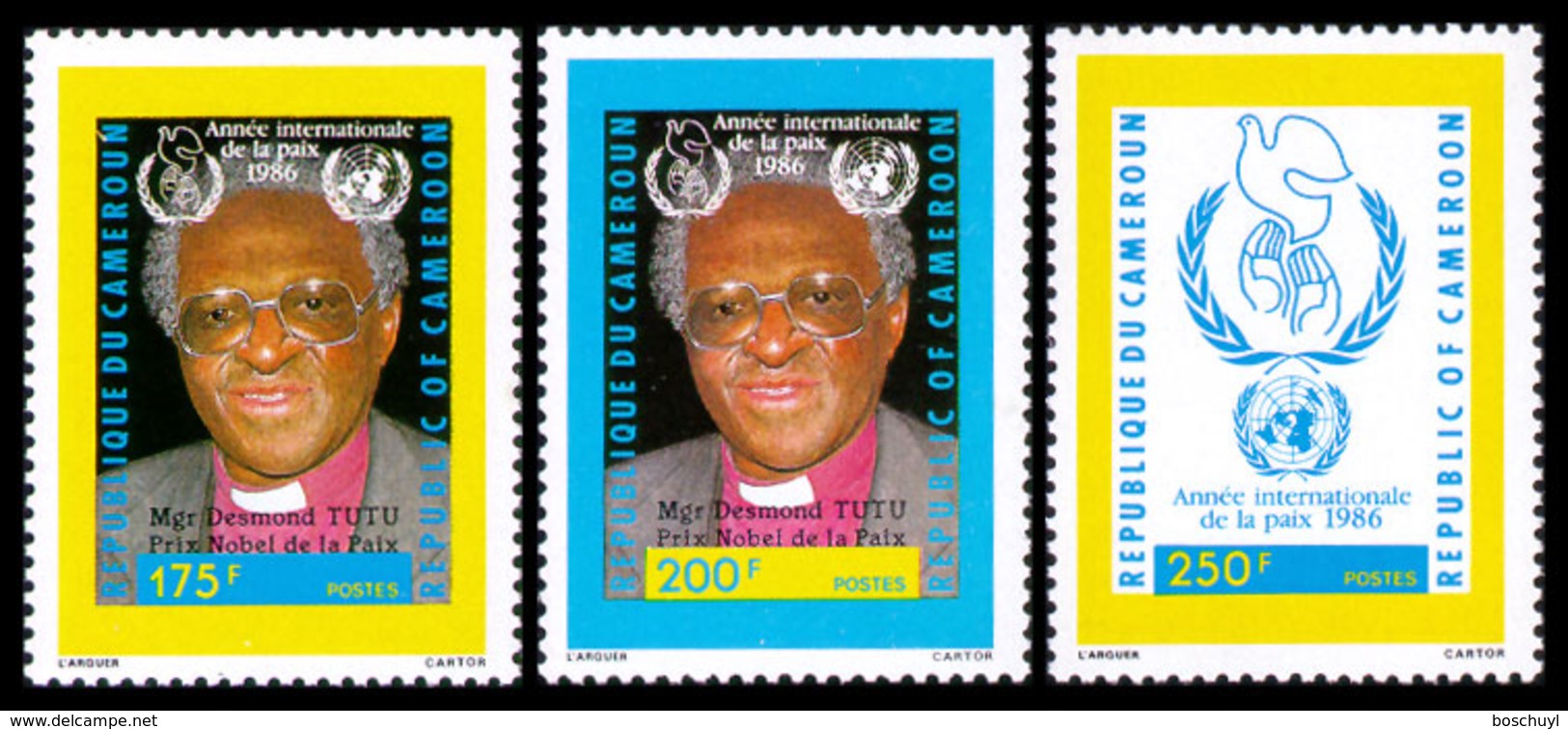 Cameroun, 1986, International Year Of Peace, United Nations, Tutu, Nobel Prize, MNH, Michel 1135-1137 - Kameroen (1960-...)