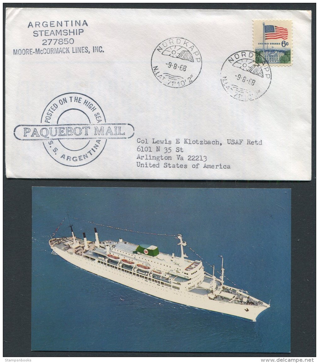 1968 USA Norway Nordkapp Argentina Steamship Moorre McCormack Line Paquebot Ship Cover + Postcard - Covers & Documents