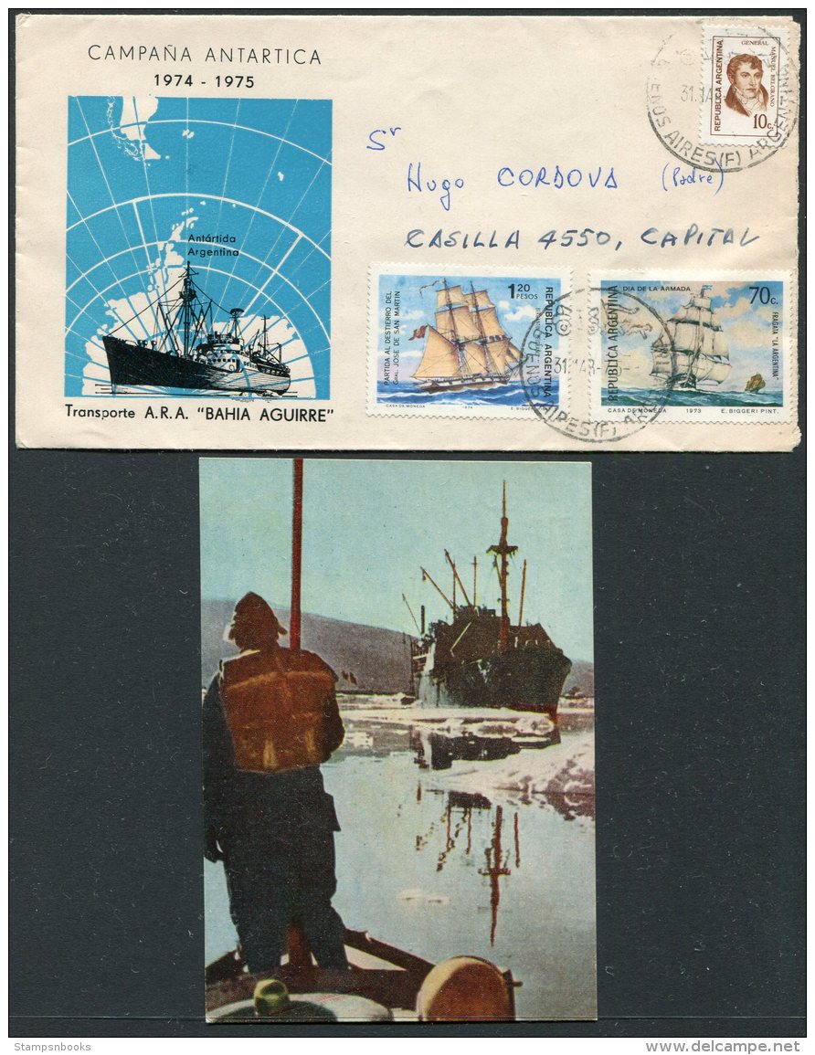 1975 Argentina Antarctic Polar Ship Cover + Postcard. A.R.A. BAHIA AGUIRE - Briefe U. Dokumente