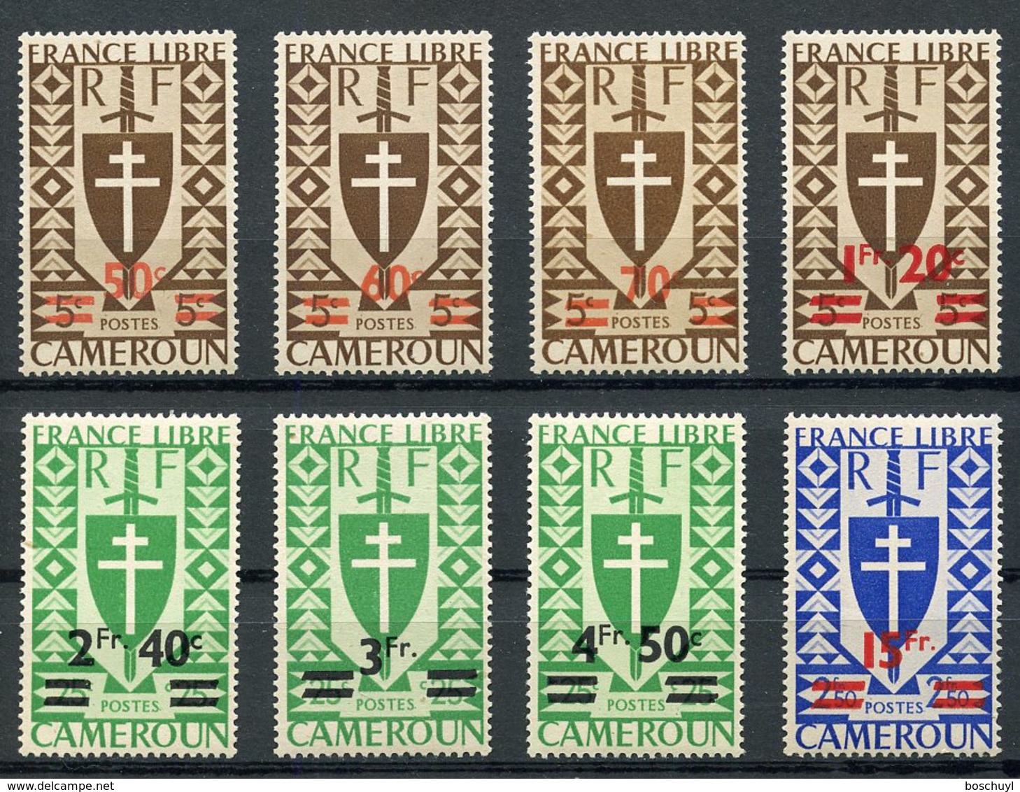 Cameroun, 1945, Definitives, Free France, MNH Overprinted, Michel 260-267 - Sonstige & Ohne Zuordnung