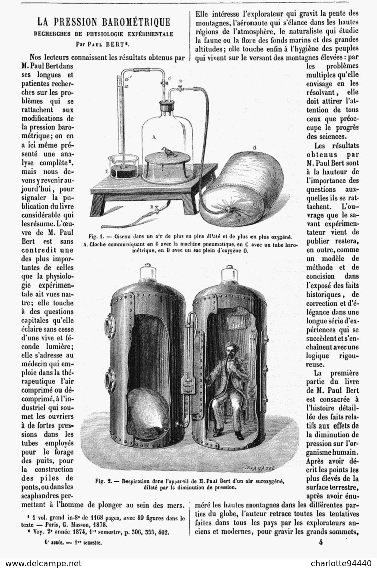 LA PRESSION BAROMETRIQUE RECHERCHES DE PHYSIOLOGIE EXPERIMENTALE Par  " PAUL BERT "  1878 - Otros & Sin Clasificación