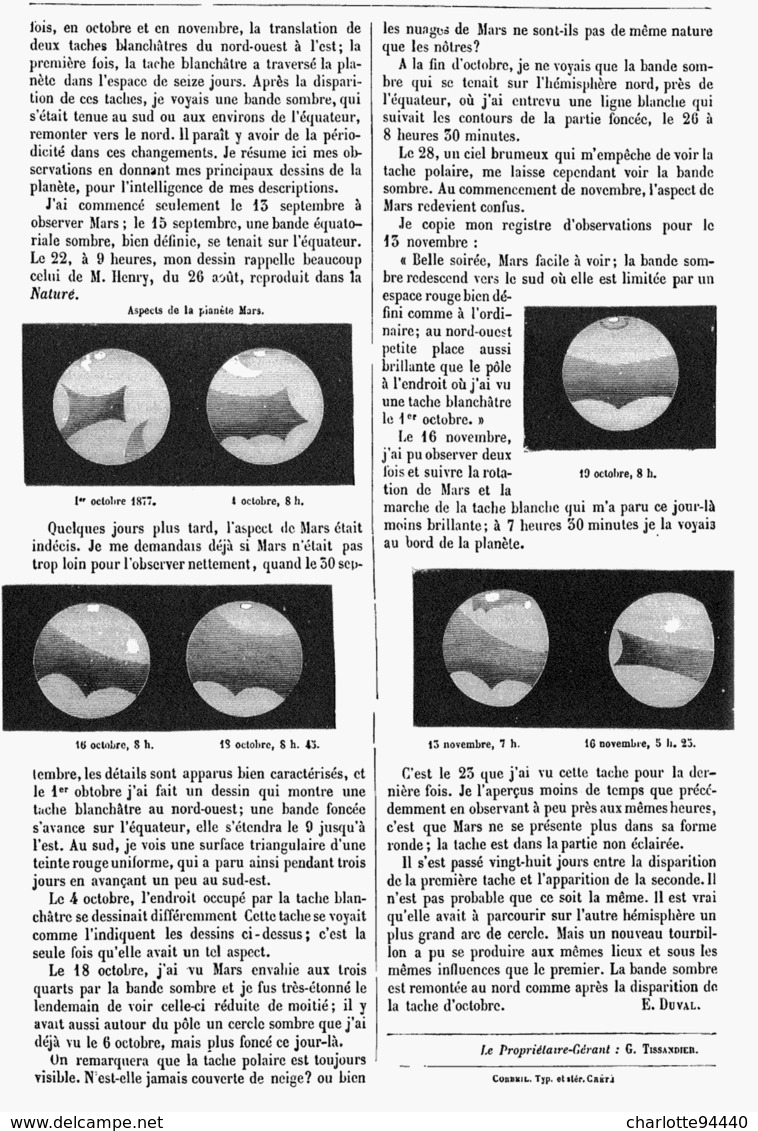 RECENTES OBSERVATIONS De La PLANETE  " MARS "  1878 - Astronomie