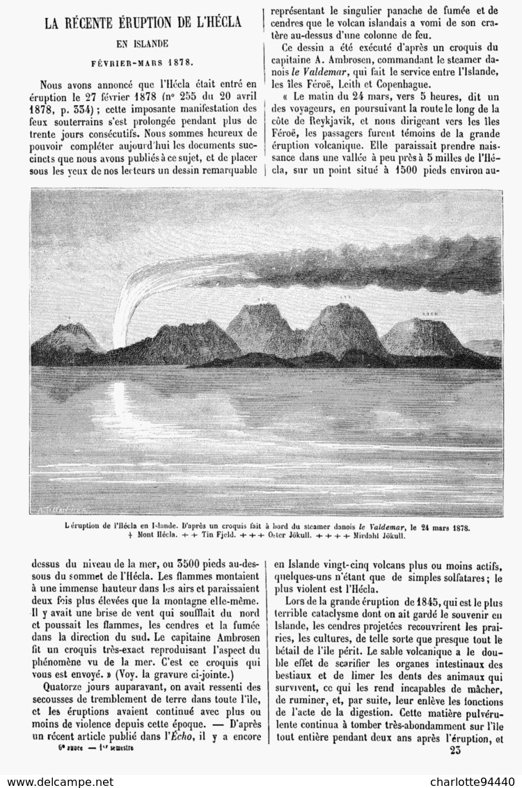 LA RECENTE ERUPTION De L'HECLA En ISLANDE Fevrier-mars 1878  ( ISLANDE )  1878 - Iceland