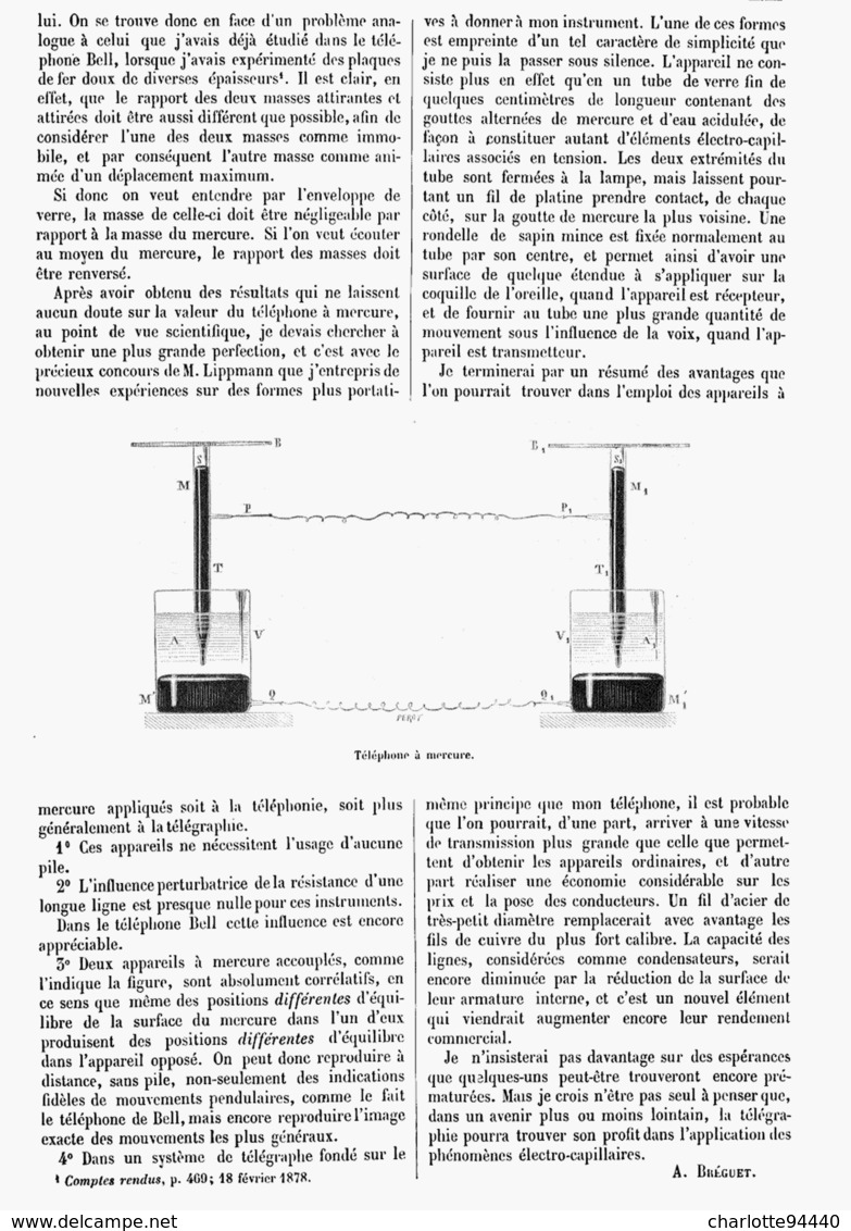 LE TELEPHONE A MERCURE  1878 - Andere & Zonder Classificatie