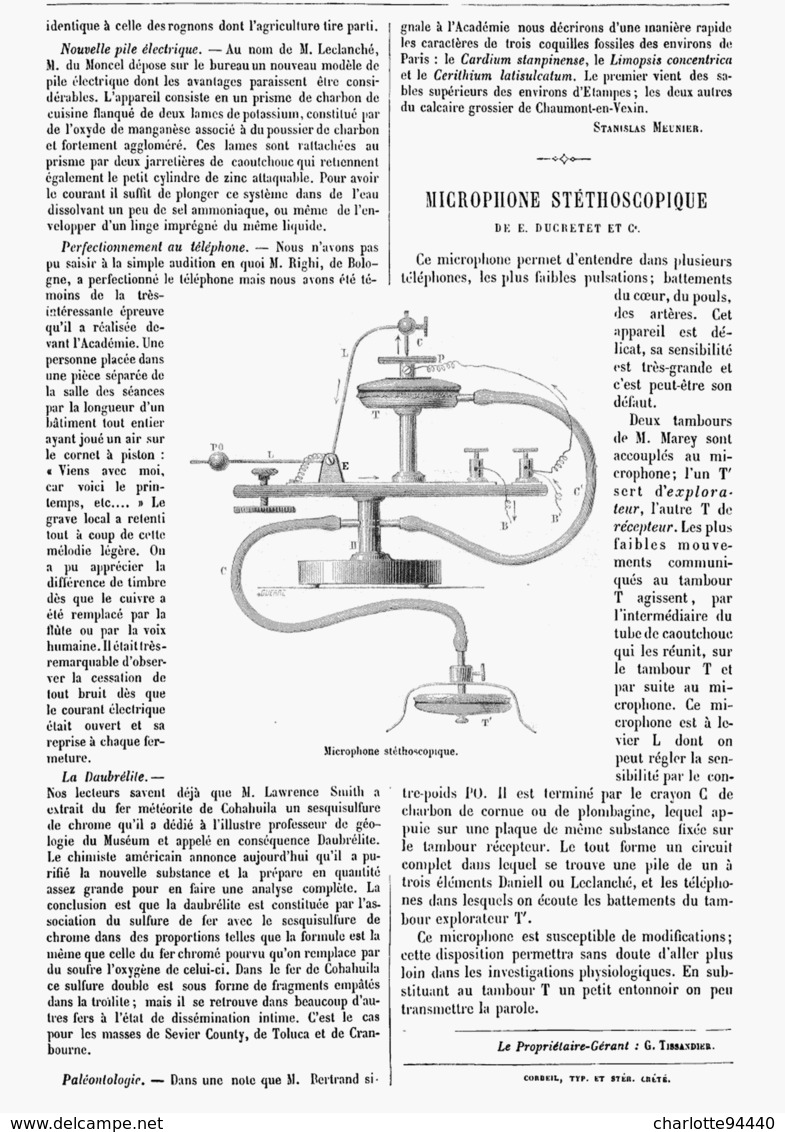 LE MICROPHONE STETHOSCOPIQUE De E. DUCRETET Et Cie  1878 - Other & Unclassified