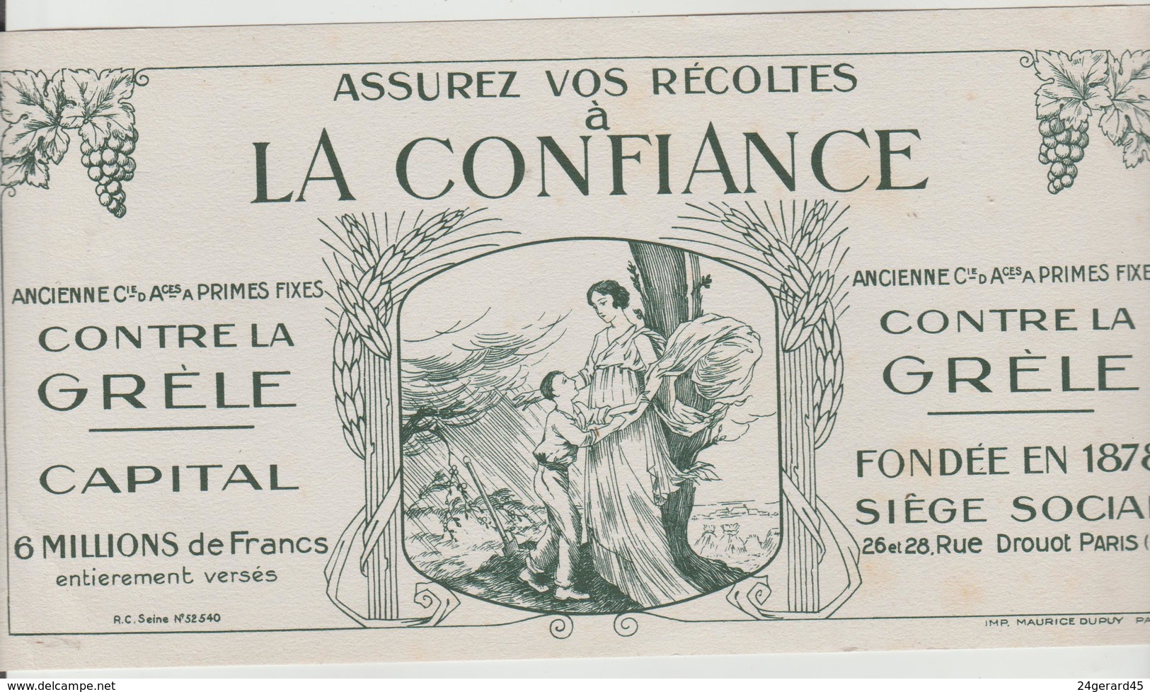 BUVARD PUBLICITAIRE - Assurance "LA CONFIANCE" 26/28 Rue Drouot PARIS 9ème - Banque & Assurance