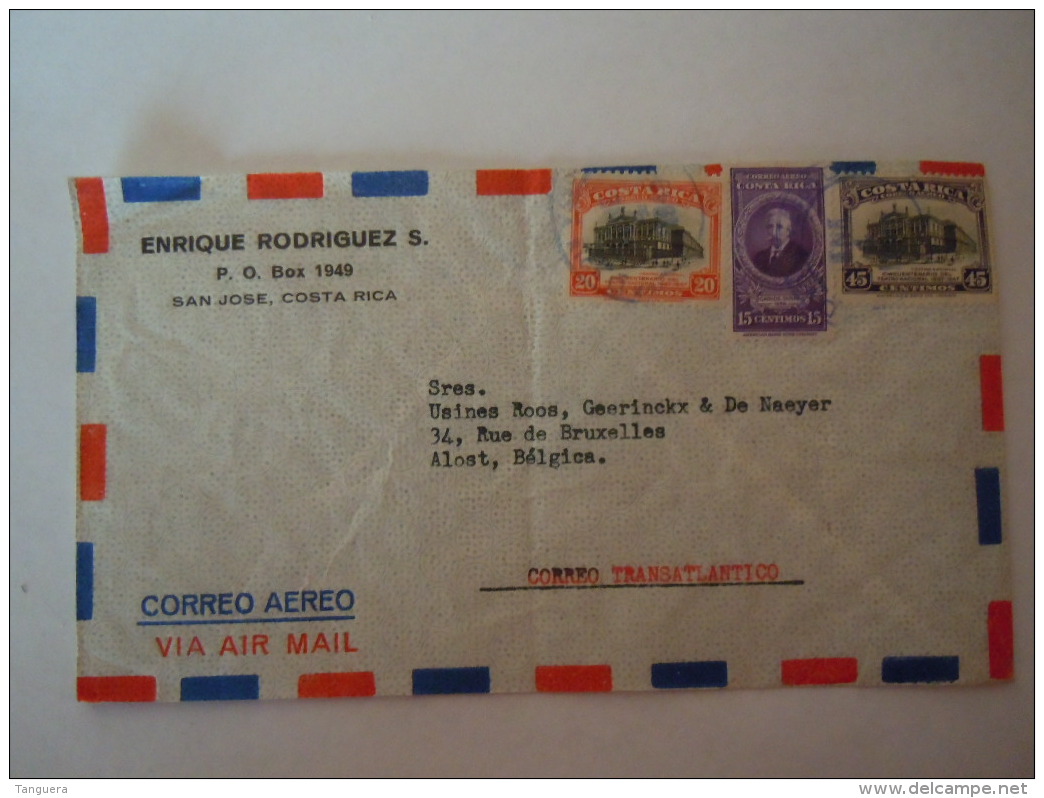 Costa Rica 1959 Lettre Cover San Jose To Alost  Belgium Theatro National Yv PA 167 169 - Costa Rica