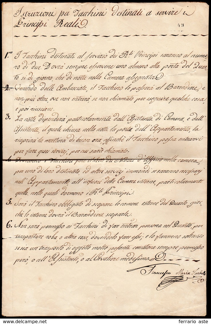 1800 Ca. - FRANCESCO I E MARIA ISABELLA - " Istruzioni Per Facchini Destinati A Servire I Principi R... - Altri & Non Classificati