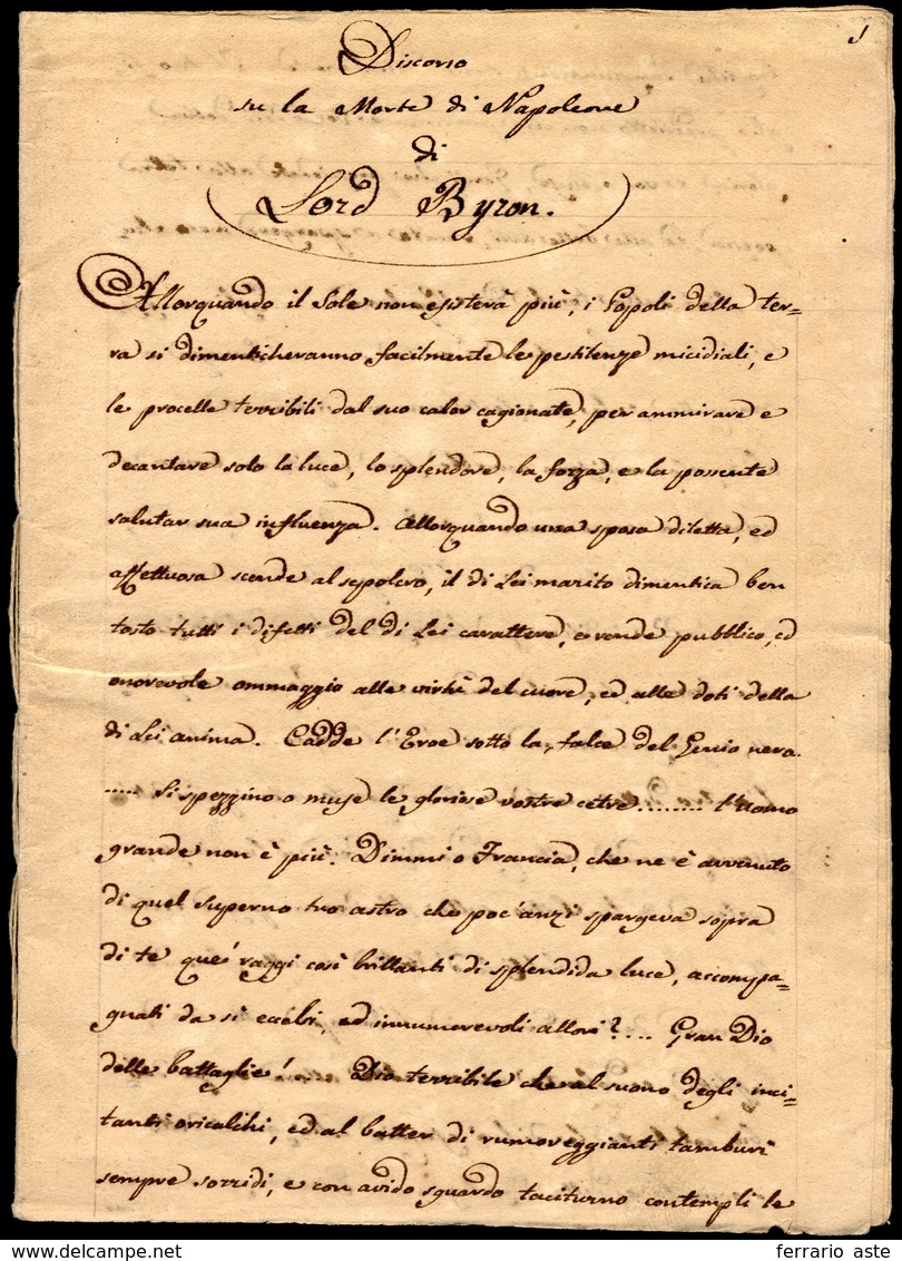 1814 - Copia Manoscritta Del Discorso Su "La Morte Di Napoleone" Di Lord Byron In 13 Pagine. Interes... - Sonstige & Ohne Zuordnung