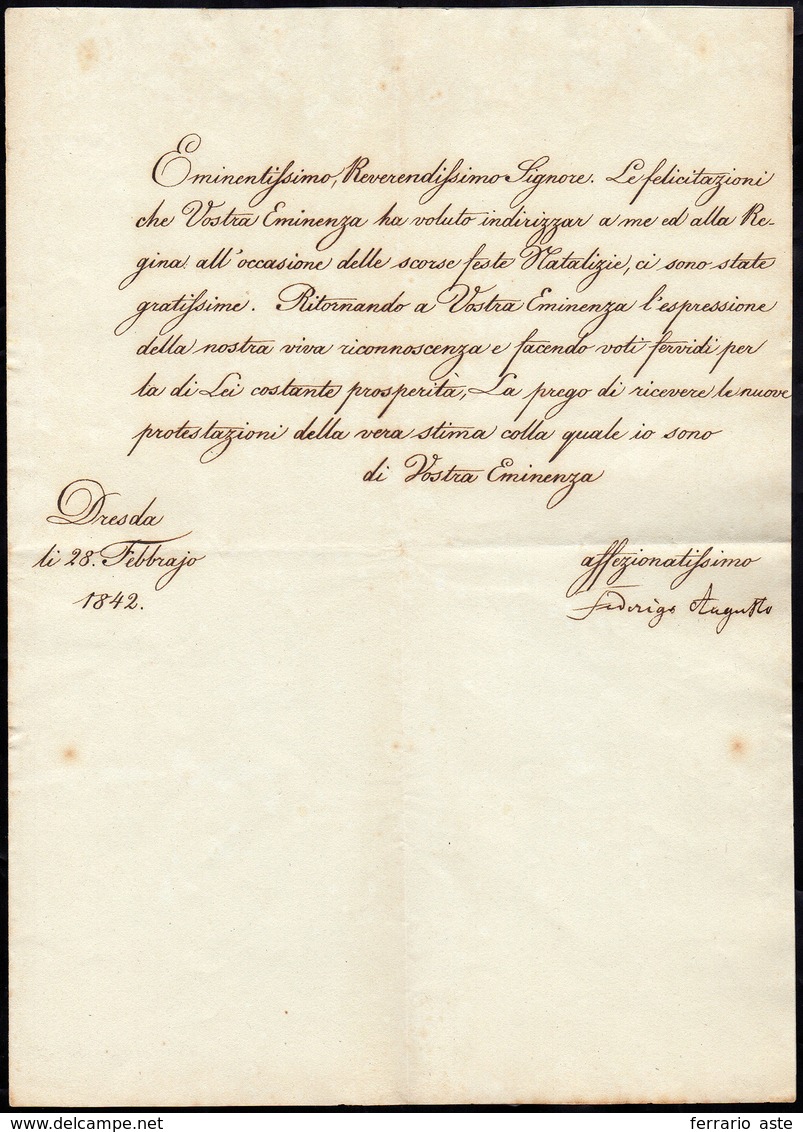 1842 - FEDERICO AUGUSTO DI SASSONIA - Lettera A Firma Di Federico Augusto Re Di Sassonia, Datata Dre... - Sonstige & Ohne Zuordnung