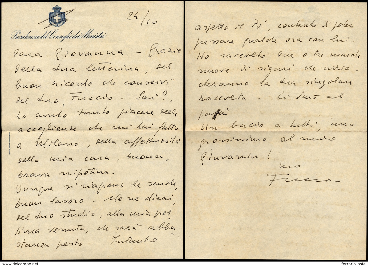 1946 - FERRUCCIO PARRI - Lettera Autografa Con Firma Datata Roma 24/10/1945 Di Ferruccio Parri, Pres... - Altri & Non Classificati