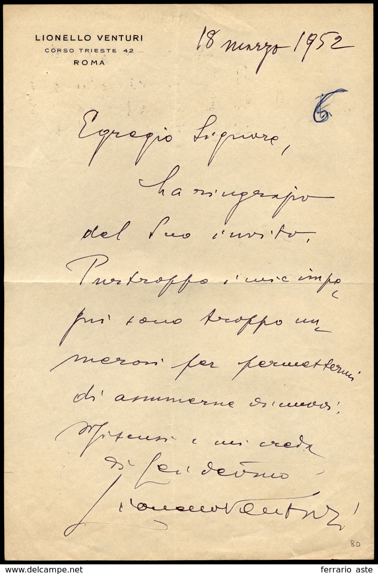 1952 - LIONELLO VENTURI - Lettera Autografa Del 18/3/1952 Di Lionello Venturi, Critico E Storico Del... - Altri & Non Classificati