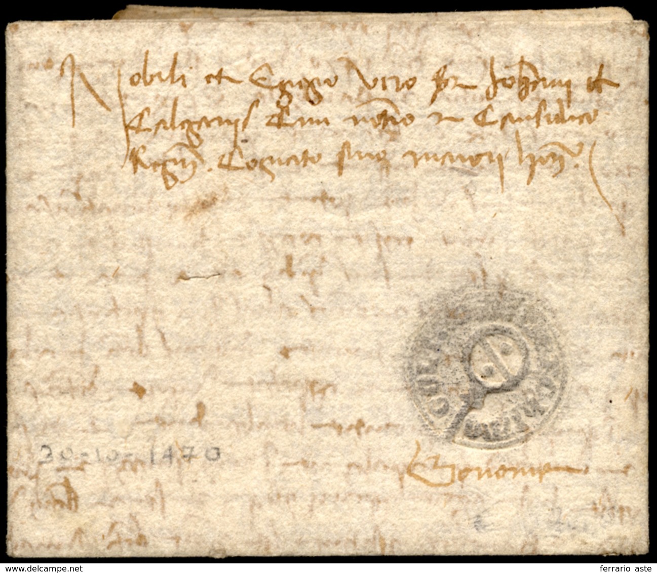 1470 - Lettera Completa Di Testo Del 30/10/1470 Con Bel Sigillo A Secco Sul Fronte. Rara! ... - ...-1850 Préphilatélie