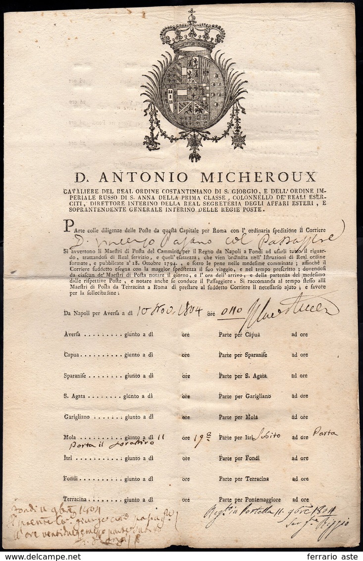 1804 - Foglio Di Viaggio Del Corriere Da Napoli A Roma Del 10/11/1804, Con L'indicazione Delle Tappe... - ...-1850 Voorfilatelie