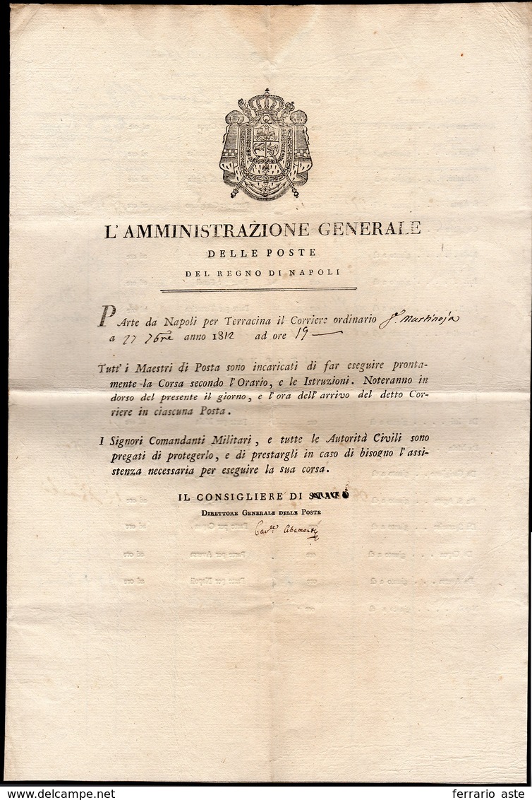 1812 - Foglio Di Viaggio Del Corriere Ordinario Da Napoli A Terracina Del 27/9/1812. All'interno Del... - 1. ...-1850 Vorphilatelie