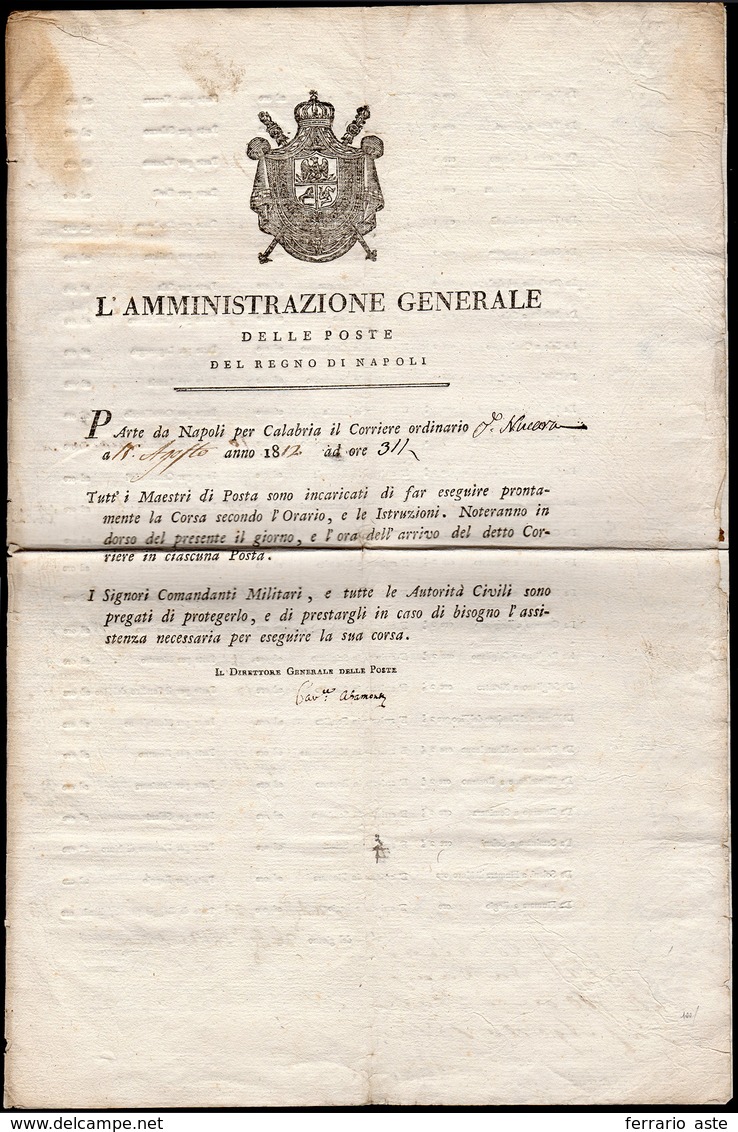 1812 - Foglio Di Viaggio Del Corriere Ordinario Da Napoli Per La Calabria Del 15/8/1812. All'interno... - 1. ...-1850 Vorphilatelie