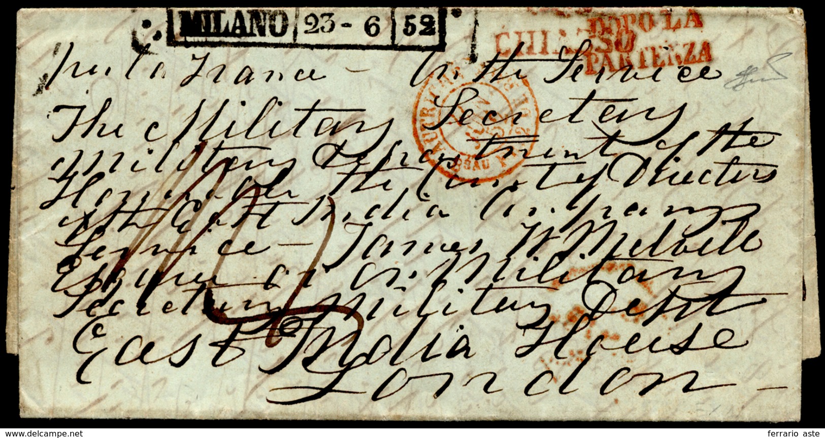 1852 - Lettera Non Affrancata Da Milano 23/6/1852, Bolli Rossi "dopo La Partenza" E "via Di Chiasso"... - Lombardije-Venetië