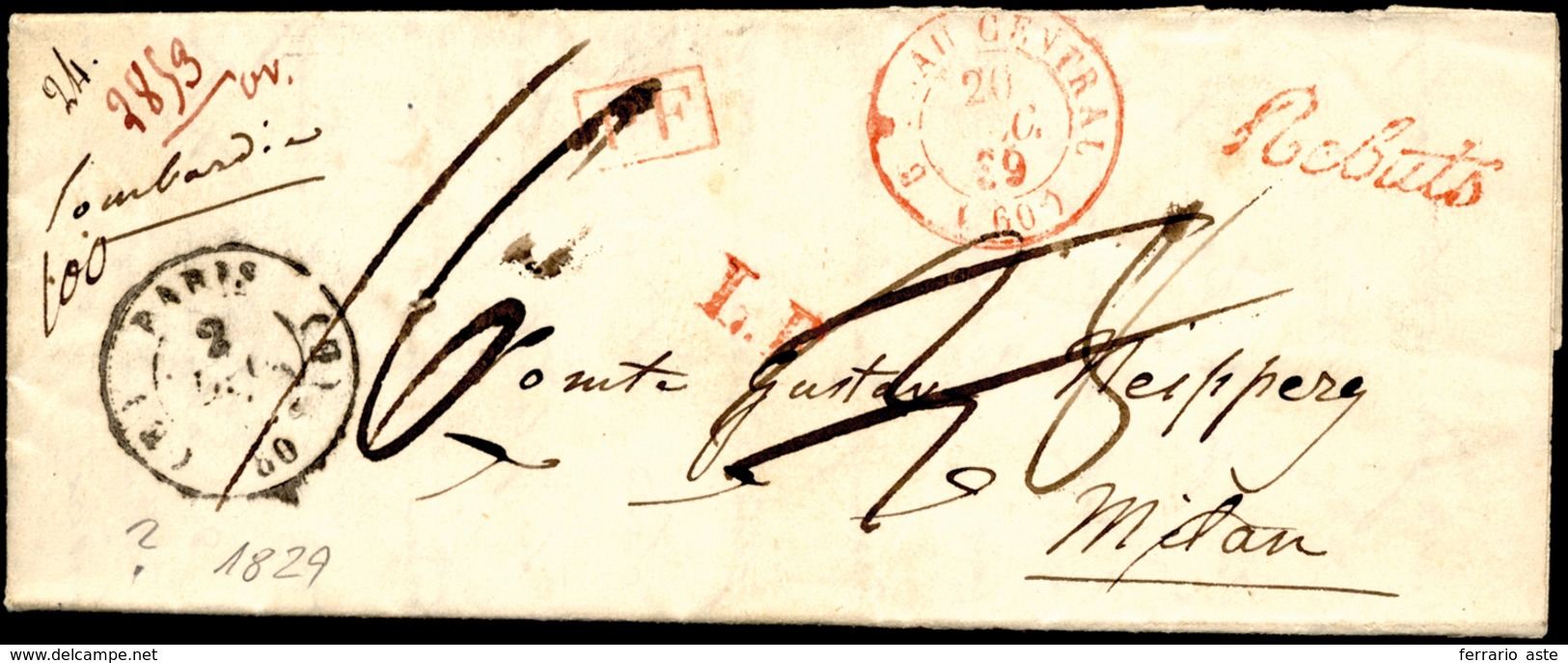 INCOMING MAIL FRANCIA 1829 - Lettera Prefilatelica Da Parigi 2/12/1839 A Milano, Tassa Cassata E Cor... - Lombardije-Venetië