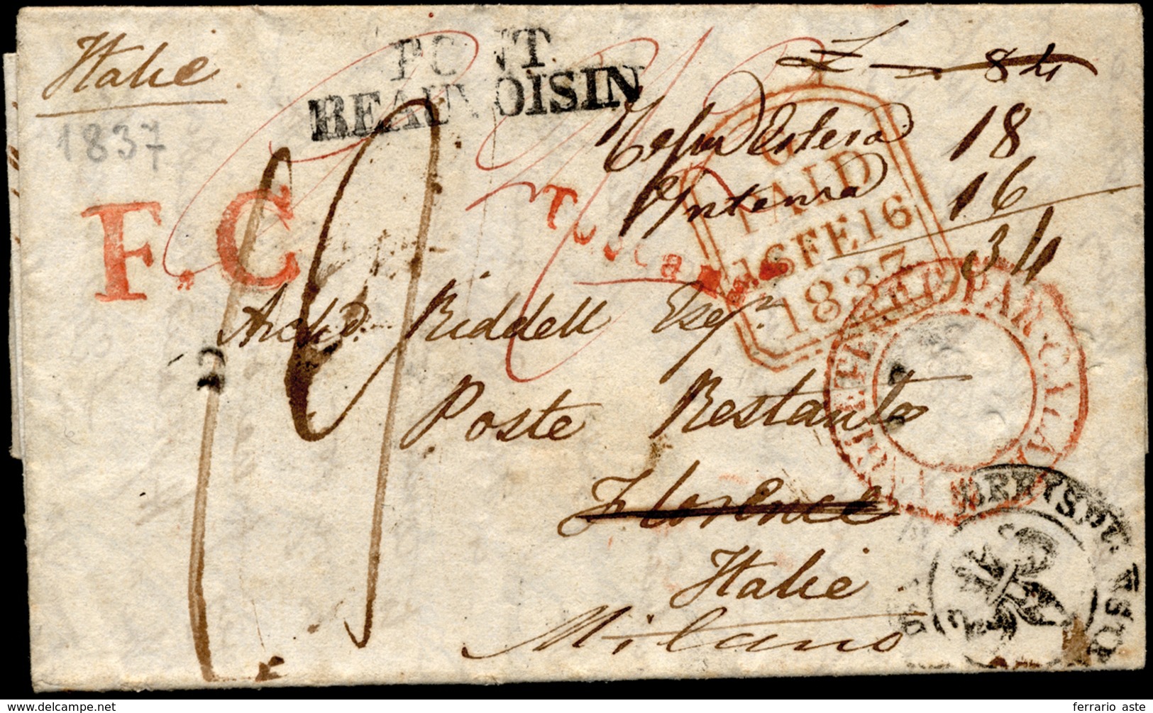 INCOMING MAIL GRAN BRETAGNA 1837 - Lettera Prefilatelica Da Leamington 14/2/1837 Per Firenze, Risped... - Lombardije-Venetië