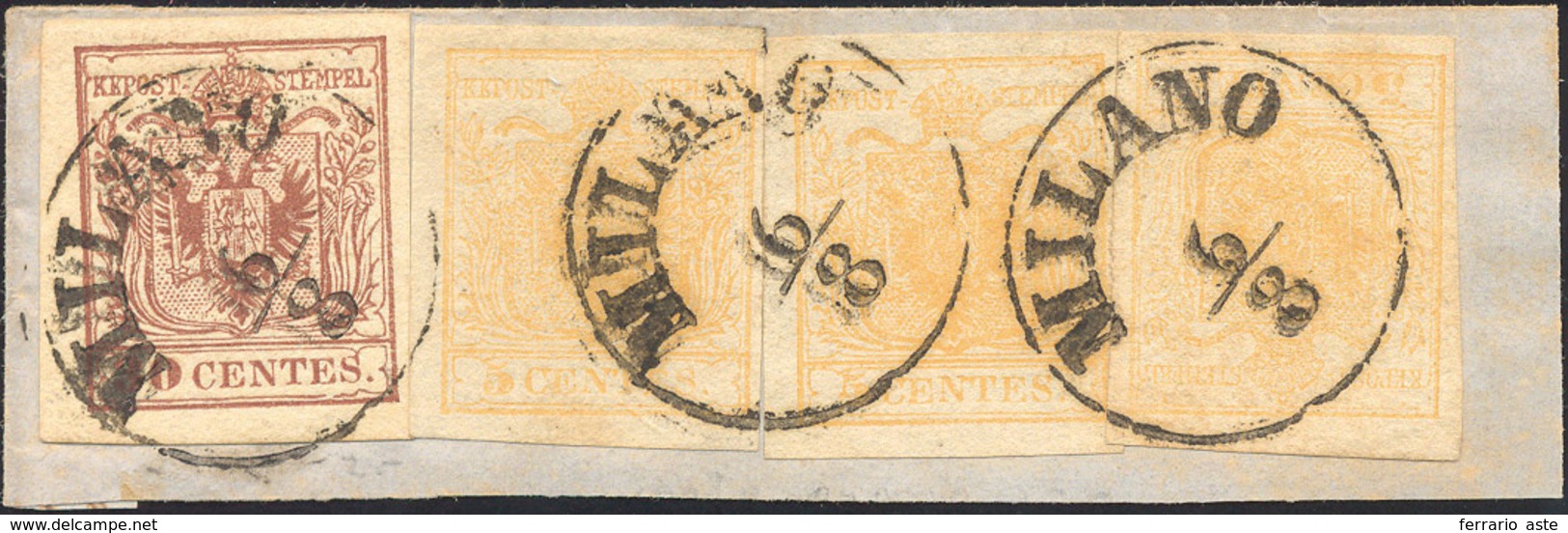 1850 - 5 Cent. Giallo Ocra, Tre Esemplari, E 30 Cent. Bruno Lillaceo, II Tipo, A Mano (1,9), Perfett... - Lombardije-Venetië