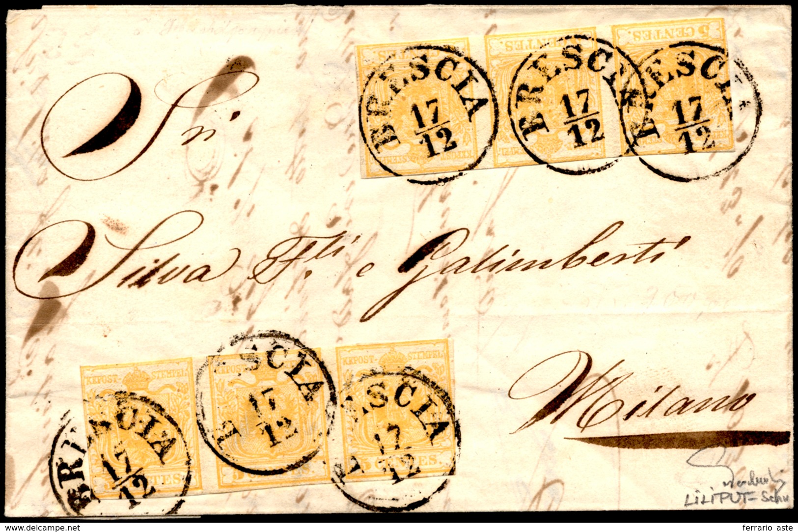 1852 - 5 Cent. Giallo Ocra (1), Due Strisce Di Tre, Ritagliate Lilliput, Su Lettera Da Brescia 17/12... - Lombardije-Venetië