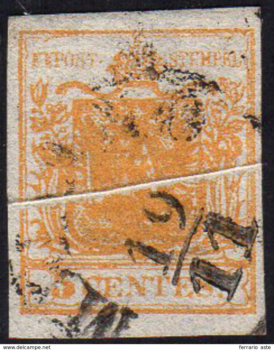 1850 - 5 Cent. Giallo Arancio, Pli D'accordeon (1g), Perfetto, Usato A Milano 19/11. Ferrario. ... - Lombardije-Venetië