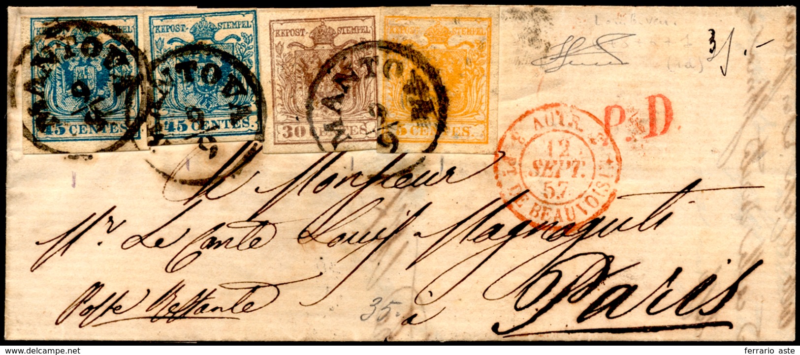 1857 - 5 Cent. Giallo Arancio, 30 Cent. Bruno Scuro, II Tipo, 45 Cent. Azzurro, III Tipo, Tutti Cart... - Lombardije-Venetië