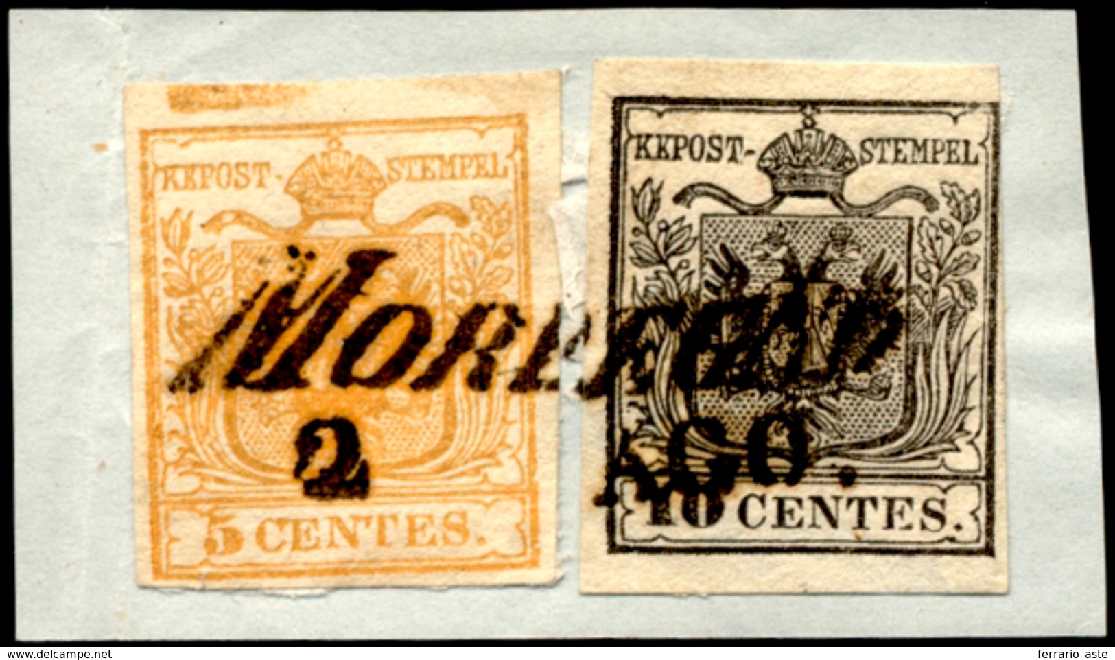1850 - 5 Cent. Giallo Ocra, Spazio Tipografico In Alto, 10 Cent. Nero (1m,2), Perfetti, Usati Su Fra... - Lombardije-Venetië