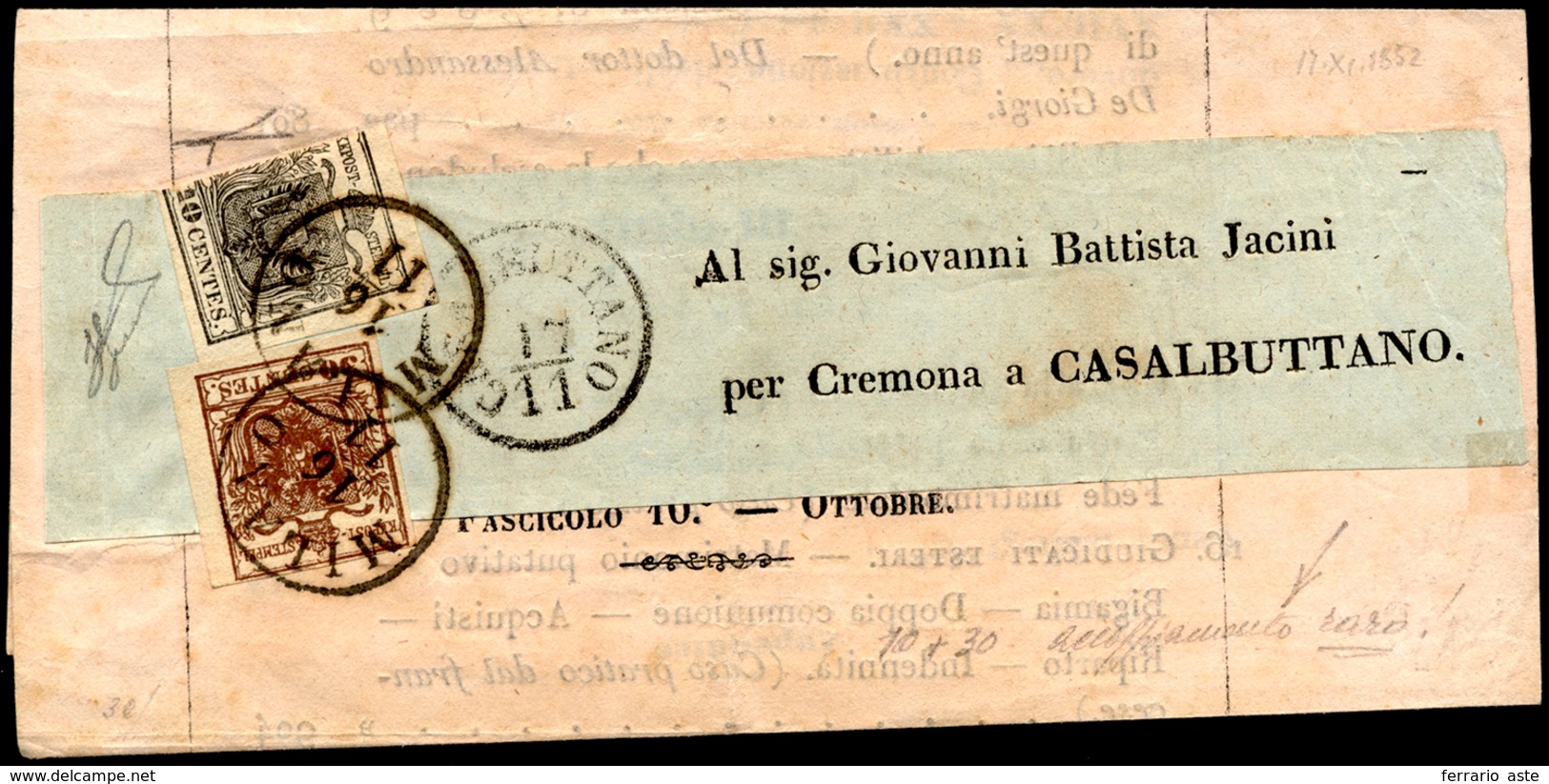 1852 - 10 Cent. Nero, Mal Tagliato, 30 Cent. Bruno, Perfetto (2,7f), Su Stampato In Esatta Tariffa D... - Lombardije-Venetië