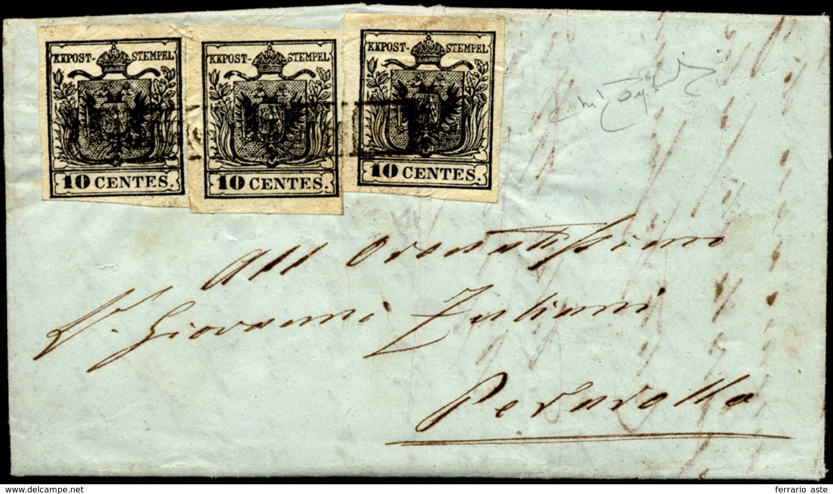 1855 - 10 Cent. Nero Intenso (2d), Un Esemplare Del I Sottotipo E Due Del II, Perfetti, Su Lettera D... - Lombardije-Venetië