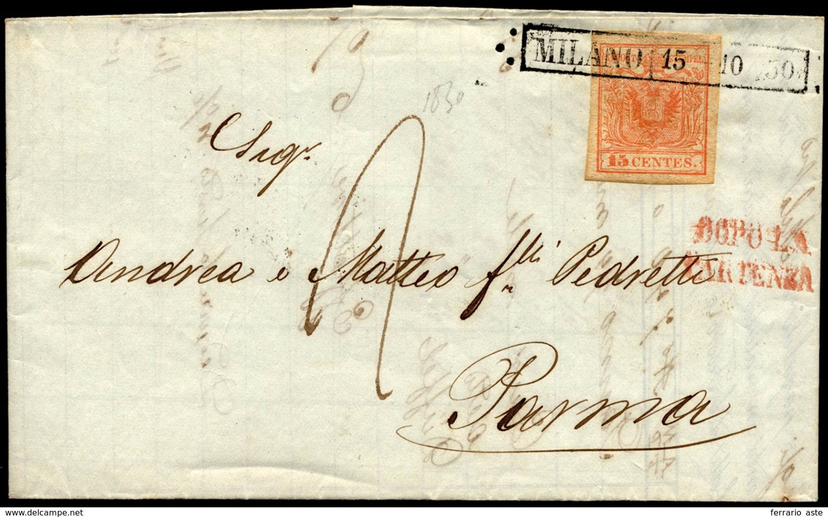 1850 - 15 Cent. Rosso, Carta A Mano (3), Perfetto, Su Lettera Da Milano 15/10/1850 A Parma, Tassata ... - Lombardije-Venetië