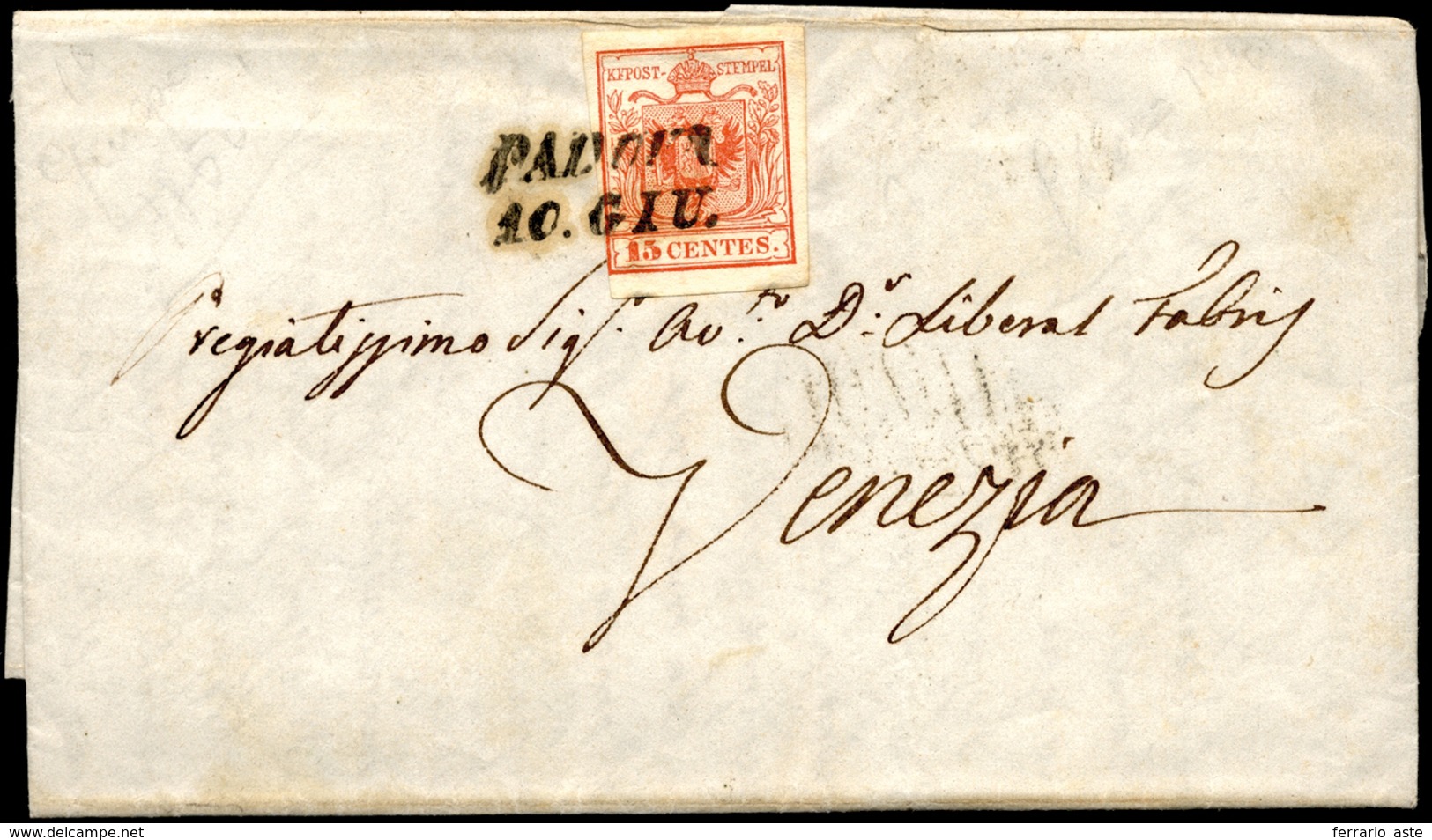 1850 - 15 Cent. Rosso, I Tiratura (3a), A Filo A Sinistra, Su Lettera Da Padova 10/6/1850 (primi Gio... - Lombardije-Venetië