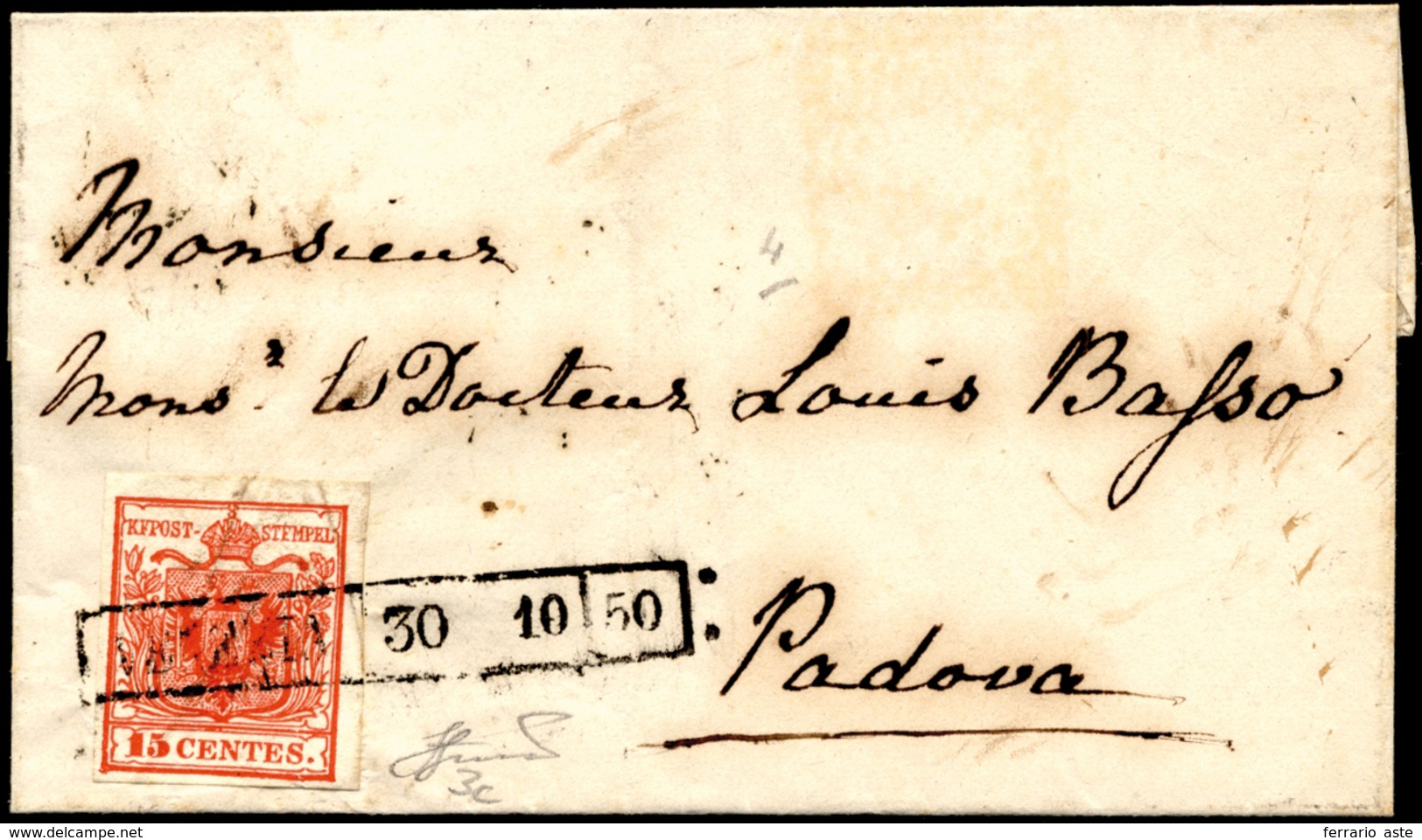 1850 - 15 Cent. Rosso Carminio, I Tipo Carta A Mano (3c), Perfetto, Su Sovracoperta Di Lettera Da Ve... - Lombardije-Venetië