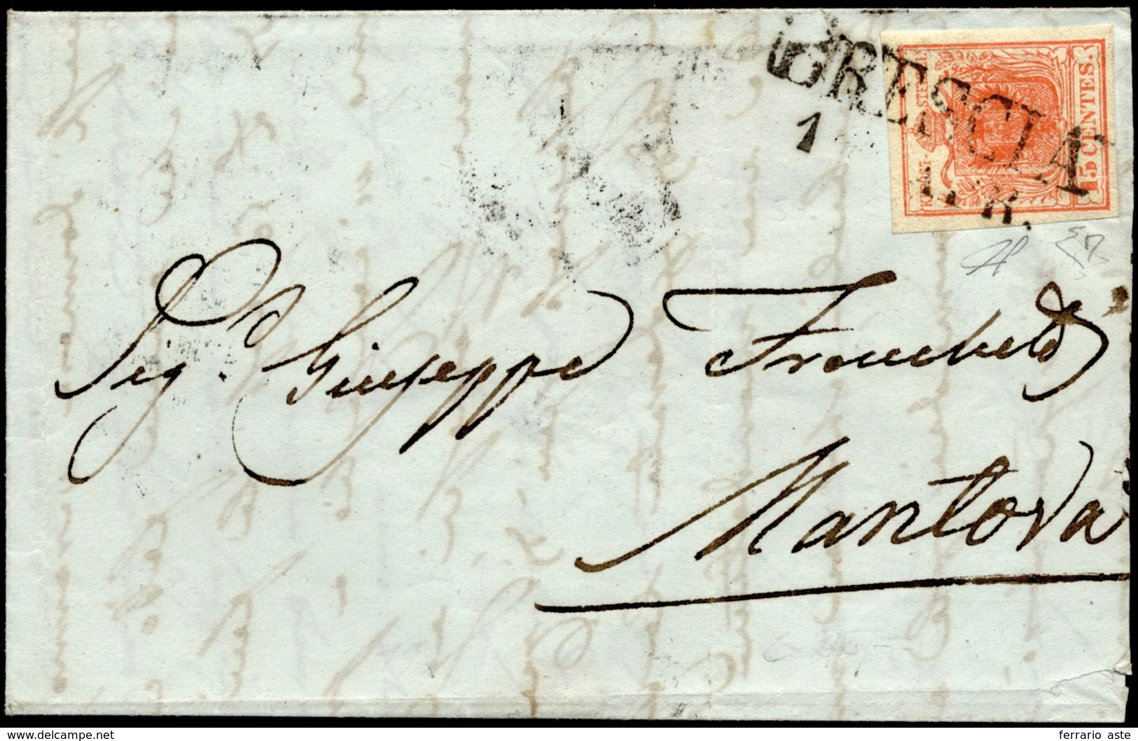 1851 - 15 Cent. Rosso, I Tipo, Cifra 5 Simile Ad Un 3 (3o), Perfetto, Su Busta Da Brescia 1/4/1851 A... - Lombardije-Venetië