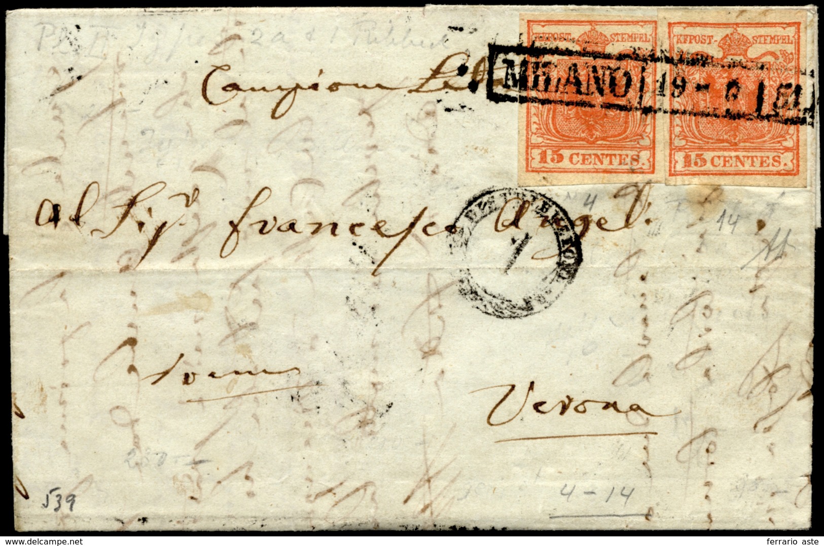 1851 - 15 Cent. Rosso Vermiglio, II Tipo, Carta A Mano, 15 Cent. Rosso Vermiglio, I Tipo, Carta A Co... - Lombardije-Venetië
