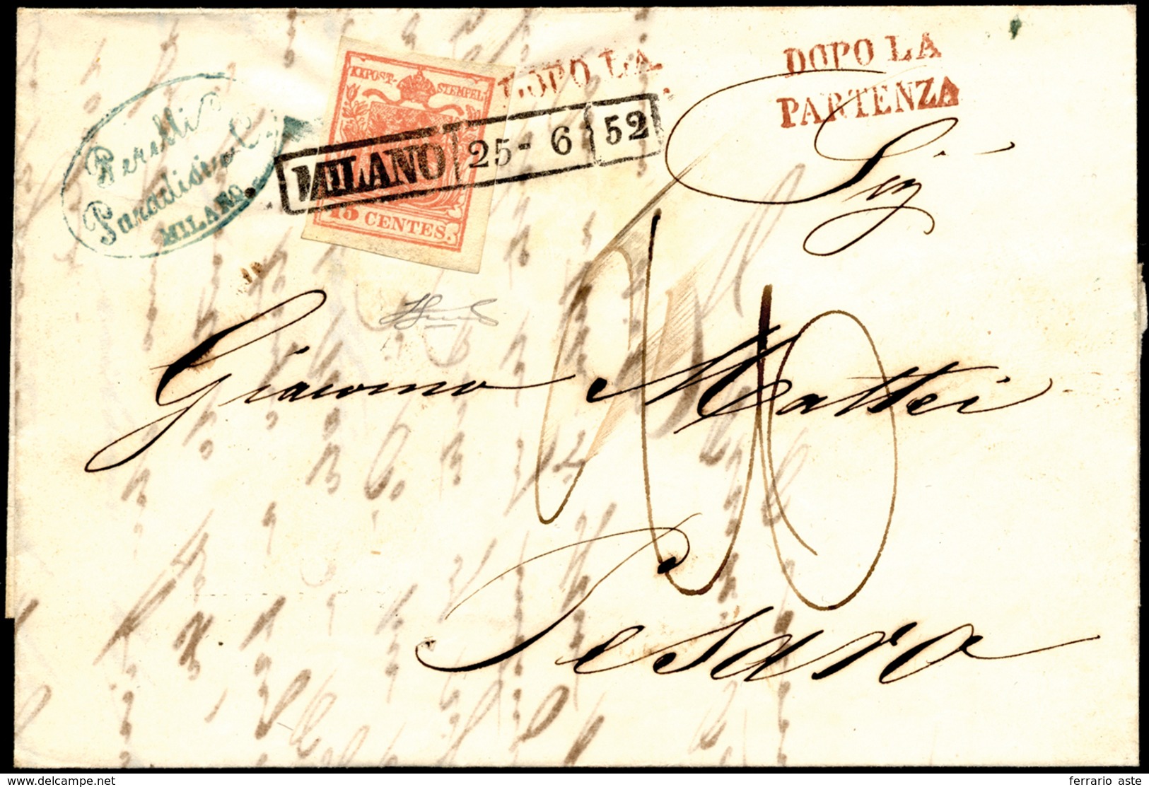 1852 - 15 Cent. Rosa, II Tipo, Carta A Mano (5), Perfetto, Su Lettera Da Milano 25/6/1852, Bollo "do... - Lombardije-Venetië