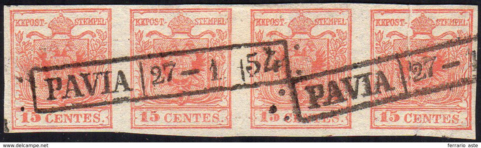 1852 - 15 Cent. Rosso, III Tipo, Carta A Mano (6), Striscia Di Quattro, Un Esemplare Con Pli D'accor... - Lombardije-Venetië