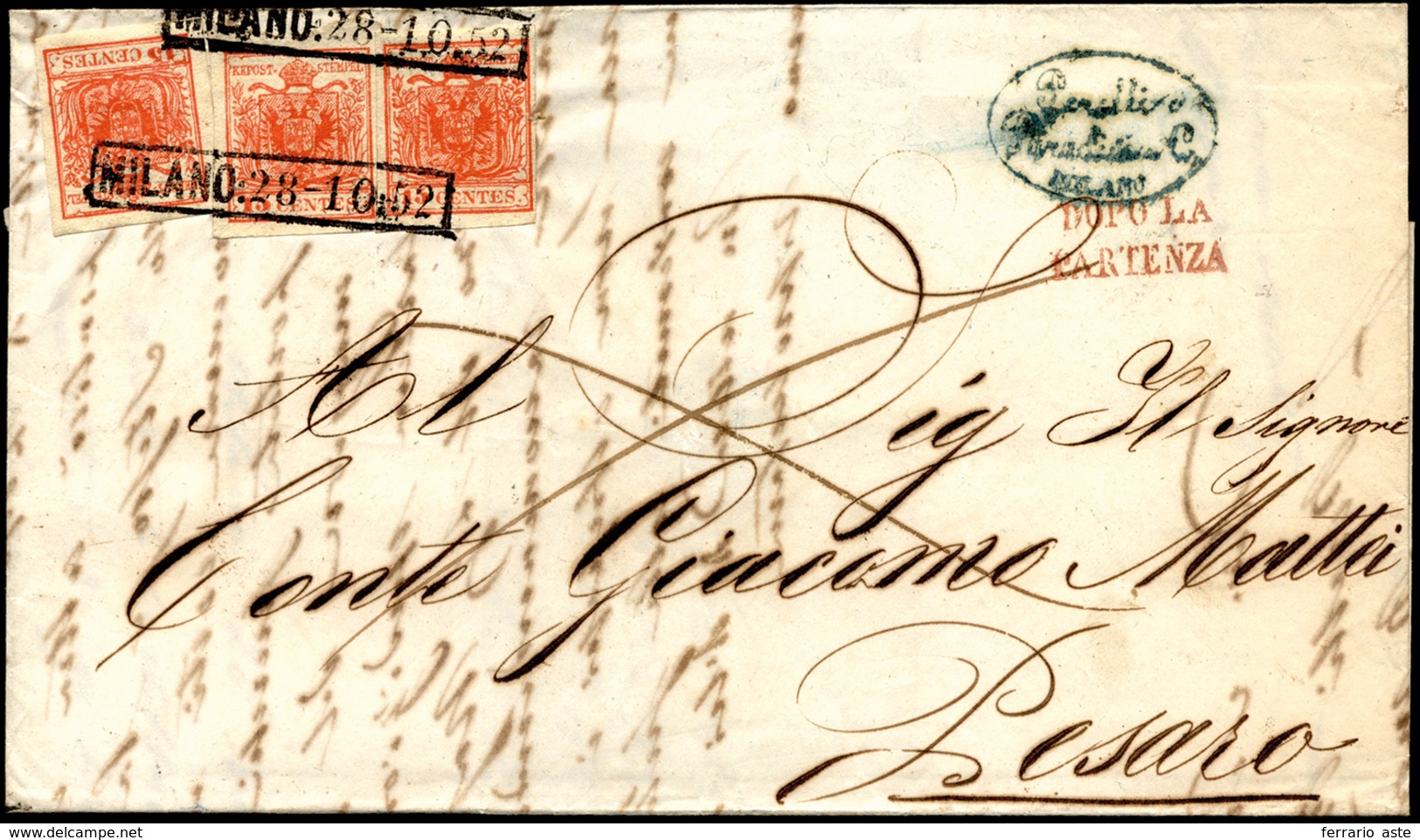 1852 - 15 Cent. Rosso, III Tipo, Carta A Mano (6), Tre Esemplari, Su Lettera Da Milano 28/10/1852, B... - Lombardije-Venetië