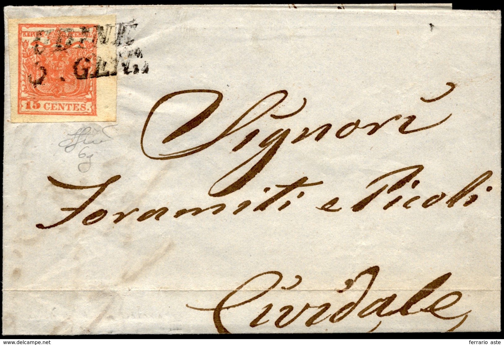 1854 - 15 Cent. Rosso Salmone Intenso, III Tipo, Carta A Mano (6g), Bordo Di Foglio, Perfetto, Su Le... - Lombardije-Venetië